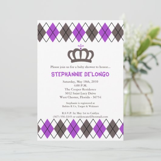 5x7 purplグレークラウンベビーアーガイルシャワー招待状 招待状 (スタンド正面)