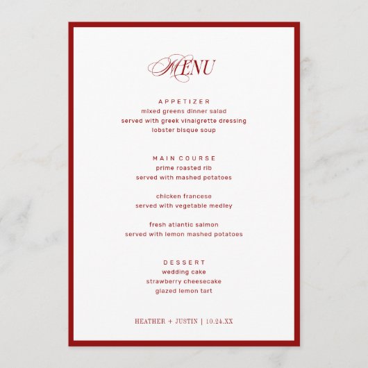5x7" Red Bon Appetit Classic Elegant Fancy Wedding メニュー (正面)