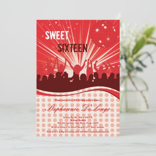 5x7 Red Danceパーティー16番目の誕生日招待状 招待状 (スタンド正面)