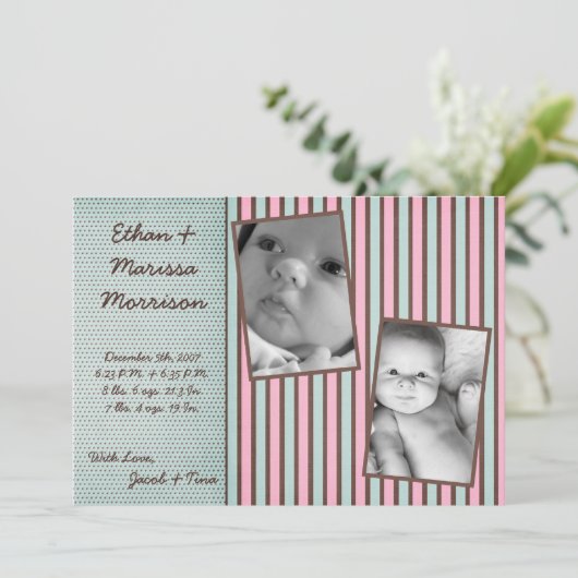 5x7 TWIN Blue Pink写真ストライプ誕生のお知らせ 案内状 (スタンド正面)