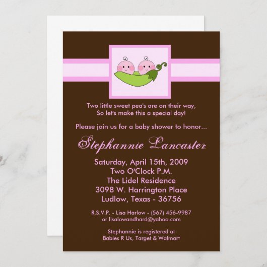 5x7 TWINSスイートピーインポッドベビーシャワー招待状 招待状 (正面/裏面)