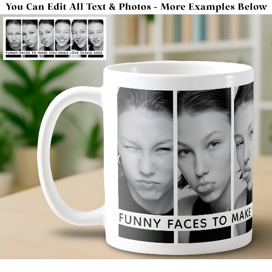 6つのおもしろ顔のカスタム写真と長いメッセージ コーヒーマグカップ