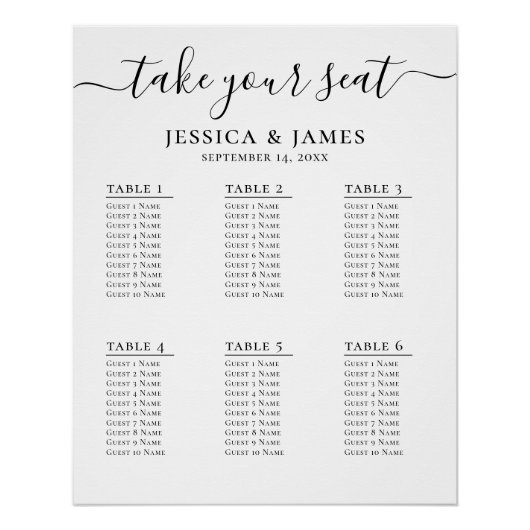 6つのテーブルを持つエレガントな結婚式のシーティングチャート ポスター (正面)
