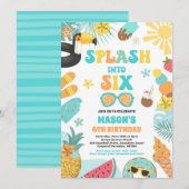 6つのトロピカルビーチ6th誕生日パーティーにスプラッシュ 招待状 (正面/裏面)