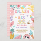 6つのトロピカルビーチ6th誕生日パーティーにスプラッシュ 招待状 (正面/裏面)