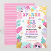 6つのトロピカルビーチ6th誕生日パーティーにスプラッシュ 招待状 (正面/裏面)