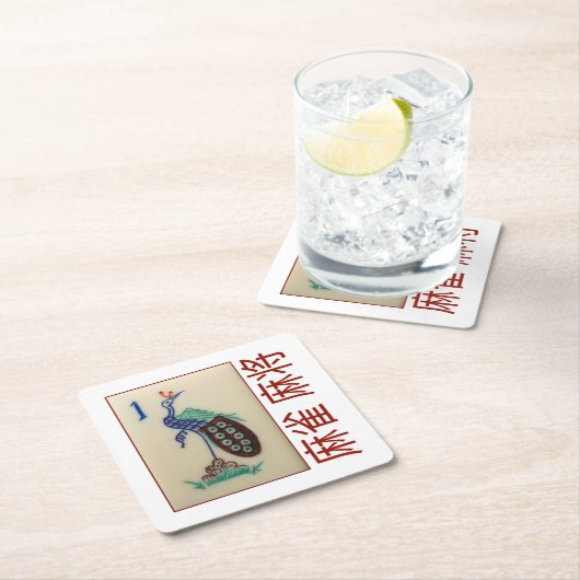 6つのペーパーコースター-麻雀麻将が付いている孔雀のタイル スクエアペーパーコースター (インサイチュ)