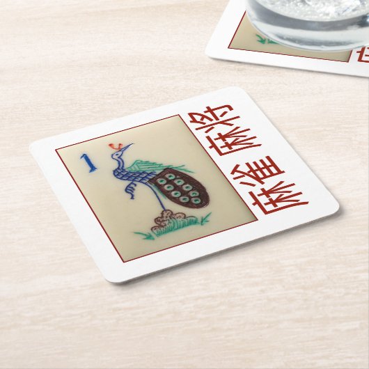 6つのペーパーコースター-麻雀麻将が付いている孔雀のタイル スクエアペーパーコースター (アングル)