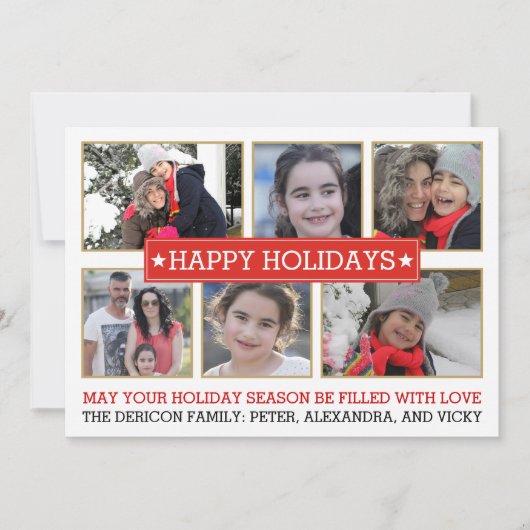 6つの写真の赤および金ゴールドのモダンなクリスマスの休日 シーズンカード (正面)