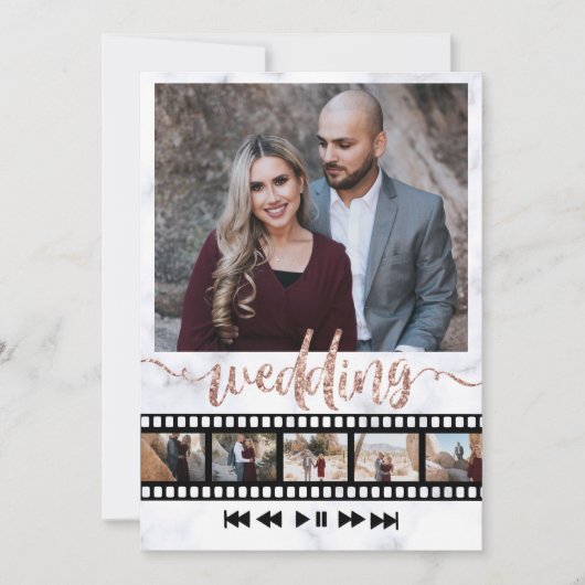 6つの写真コラージムービフレームバラ金ゴールドグリッター  招待状 (正面)