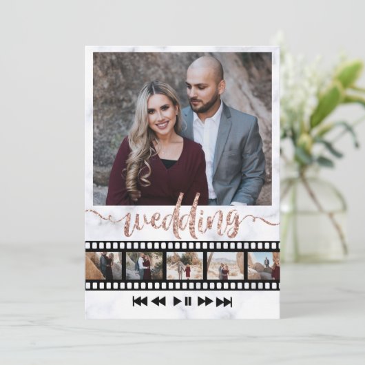 6つの写真コラージムービフレームバラ金ゴールドグリッター 招待状 (スタンド正面)