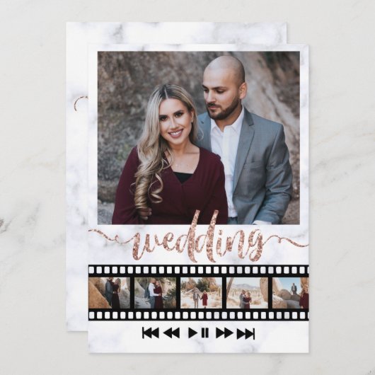 6つの写真コラージムービフレームバラ金ゴールドグリッター  招待状 (正面/裏面)