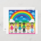 6つの幸せな子供の虹の下にカラフルのバックアップ ポストカード (正面/裏面)