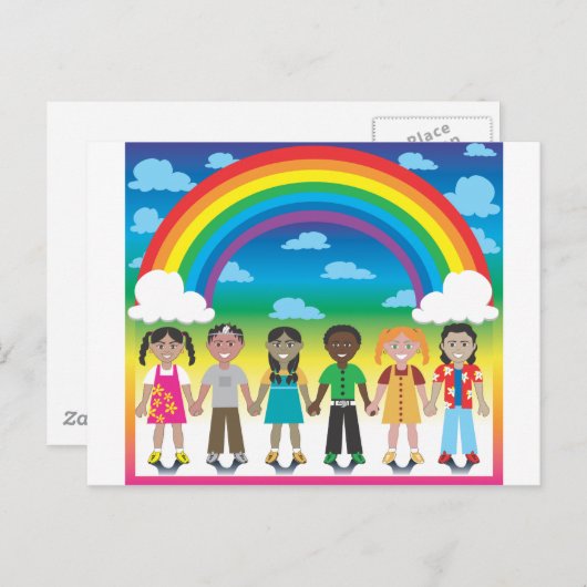 6つの幸せな子供の虹の下にカラフルのバックアップ ポストカード (正面/裏面)