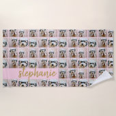 6つ以上のフォトコラージピンクと金ゴールドスクリプト名 ビーチタオル (正面)