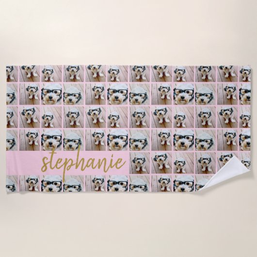 6つ以上のフォトコラージピンクと金ゴールドスクリプト名 ビーチタオル (正面)