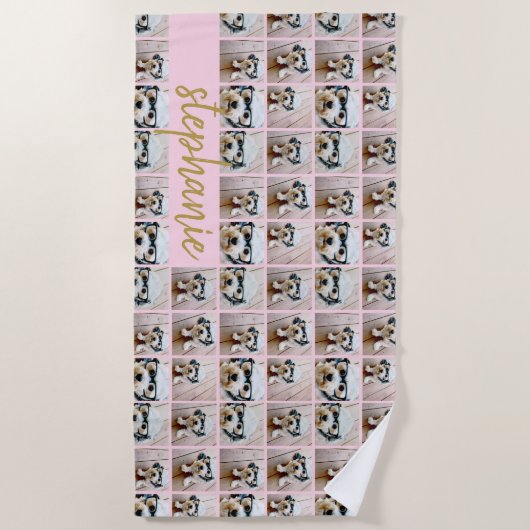 6つ以上のフォトコラージピンクと金ゴールドスクリプト名 ビーチタオル (正面)