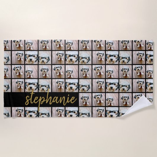 6つ以上のフォトコラージュのブラック&金ゴールドスクリプト名 ビーチタオル (正面)