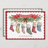 6のファミリ |クリスマスストッキングフラットホリデーカード シーズンカード (正面/裏面)