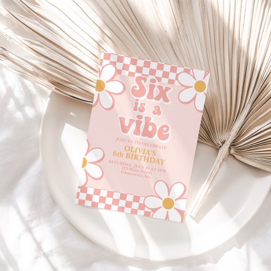 6はビビる レトロチェック ピンクのデイジー 招待状