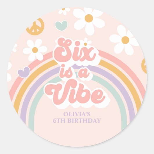 6は最高!レトロ虹色の6歳の誕生日 ラウンドシール (正面)