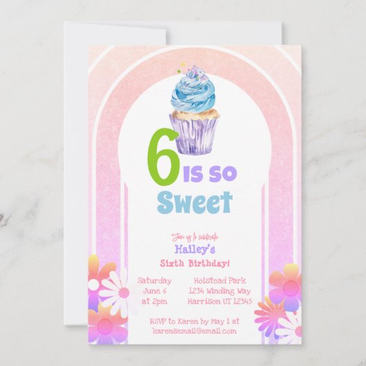 6は甘いレインボーカップケーシックス誕生日 招待状 (正面)
