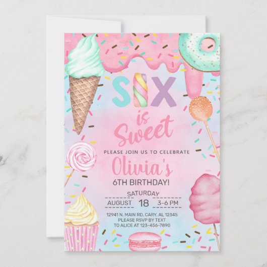 6は甘い女の子6番目の誕生日の招待である 招待状 (正面)
