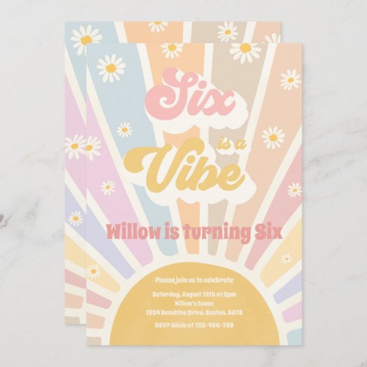 6はVibe Boho Sunshine 6th Birthdayパーティー 招待状 (正面/裏面)