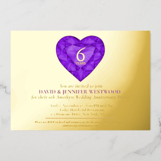 6アメジスト結婚記念水彩ハート 箔招待状 (正面)