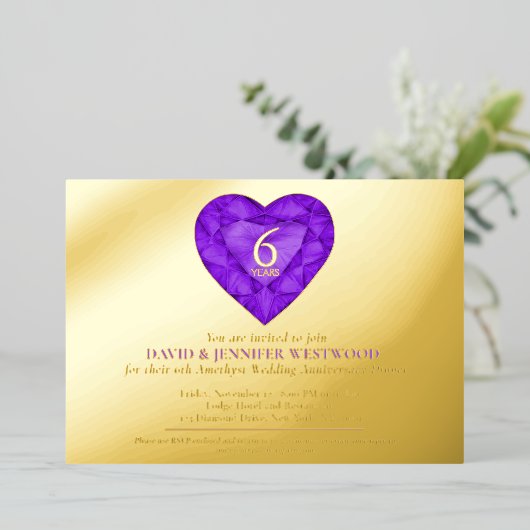 6アメジスト結婚記念水彩ハート 箔招待状 (立ち正面)