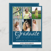 6エレガントフォトコラージブルーとホワイトの卒業 案内状 (正面/裏面)