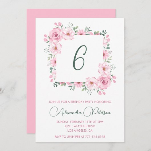 6エレガント歳の誕生日招待状フローラピンク 招待状 (正面/裏面)