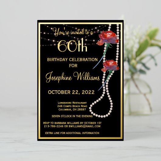 6エレガント誕生日黒実在金ゴールド 箔招待状 (立ち正面)