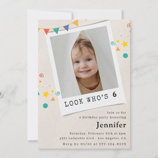 6シンプル歳の誕生日招待状ガールオレンジ写真 招待状 (正面)