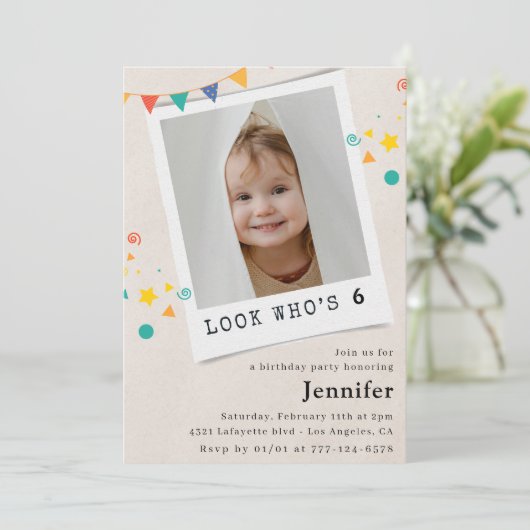6シンプル歳の誕生日招待状ガールオレンジ写真 招待状 (スタンド正面)