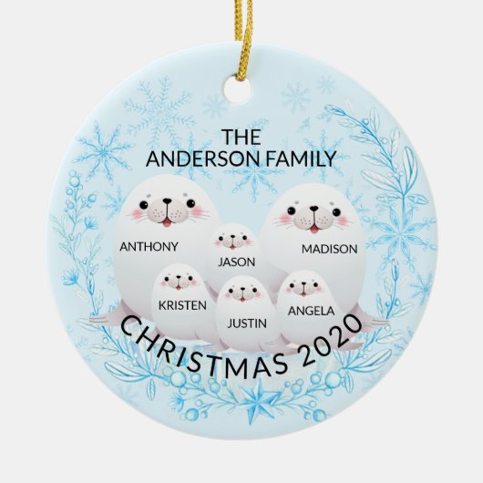 6シールのクリスマスのかわいい冬の家族 セラミックオーナメント (正面)