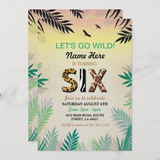 6ジャングル第6誕生日パーティーサファリ動物園招待状 招待状 (正面/裏面)