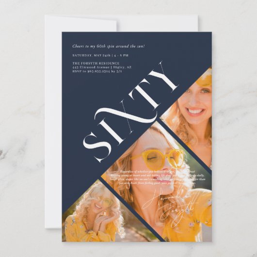 6スタイリッシュモダン人 | 60誕生日3写真 招待状 (正面)