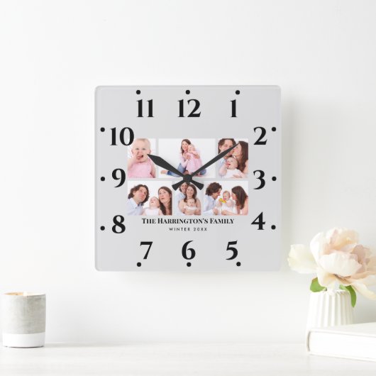 6セクションカスタムフォトミニマリストグレーフレーム スクエア壁時計 (ホーム)
