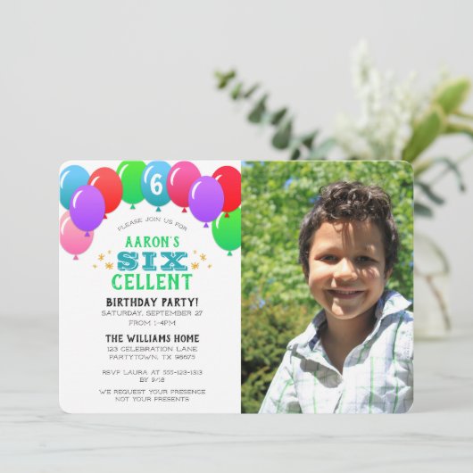 6セル第6誕生日気球ブルー写真 招待状 (スタンド正面)