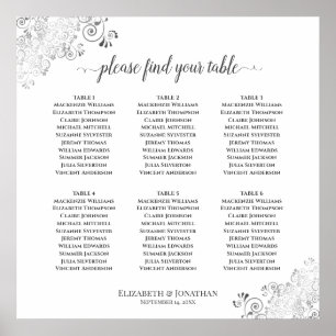 6テーブルの結婚式着席表 シルバーフリル ホワイト ポスター