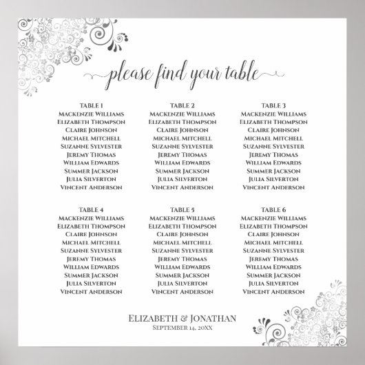 6テーブルの結婚式着席表 シルバーフリル ホワイト ポスター (正面)