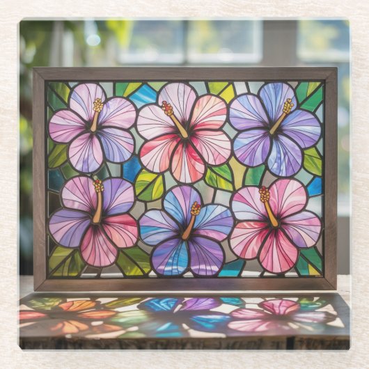 6ハイビスカスフラワーステンドグラスコースター ガラスコースター (正面)