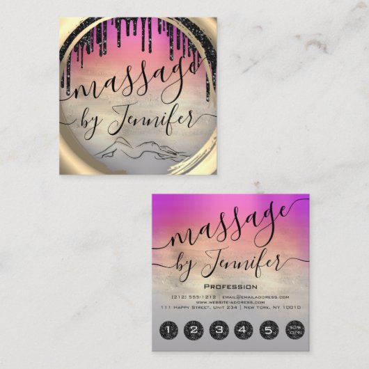 6パンチズマッサージスパウェルネススタジオピンク金ゴールド スクエア名刺 (正面/裏面)