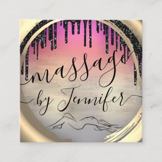 6パンチズマッサージスパウェルネススタジオピンク金ゴールド スクエア名刺 (正面)