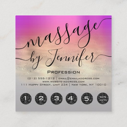 6パンチズマッサージスパウェルネススタジオピンク金ゴールド スクエア名刺 (裏面)