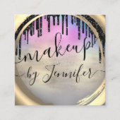 6パンチヘアラッシュメイクアップスタジオピンク金ゴールドブルー スクエア名刺 (正面)