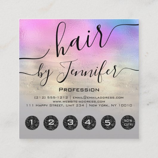 6パンチヘアラッシュメイクアップスタジオピンク金ゴールドブルー スクエア名刺 (裏面)