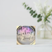 6パンチヘアラッシュメイクアップスタジオピンク金ゴールドブルー スクエア名刺 (スタンド正面)