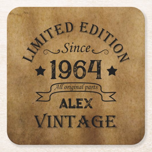 6パーソナライズされたヴィンテージ60歳の誕生日パーティー スクエアペーパーコースター (正面)
